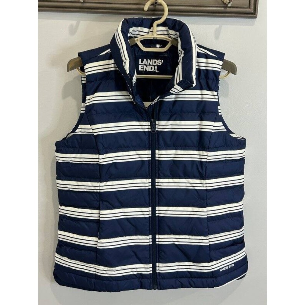 Lands End Womens Navy Stripe Vest Full Zip 600 Fill Down Womens New Size M 10 12